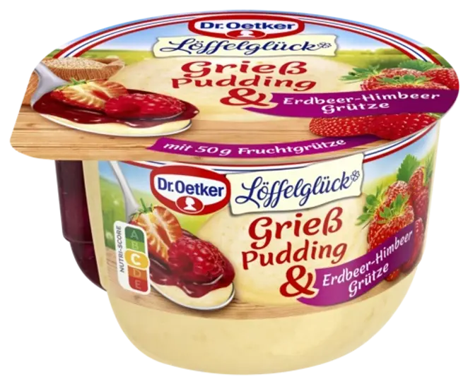 Dr. Oetker L�ffelgl�ck Grie� Pudding mit Erdbeer-Himbeer Gr�tze