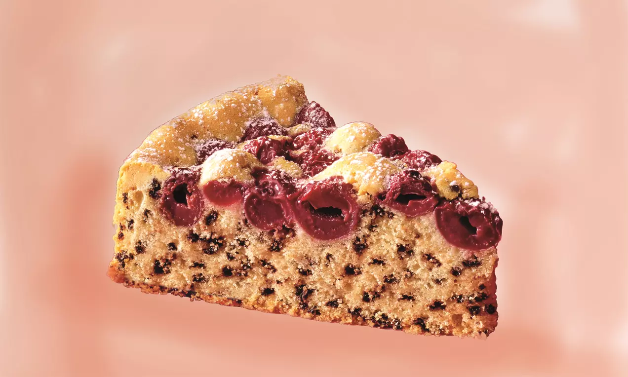 Ein Stück Rührkuchen mit goldbraunem Teig, Schokosplittern und saftigen Kirschen, leicht mit Puderzucker bestäubt auf rosa Hintergrund