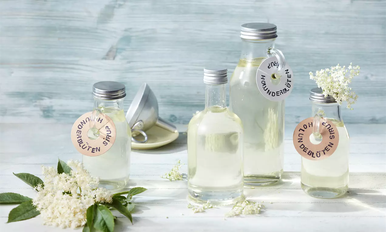 Klarer, blassgelber Holunderblütensirup in Glasflaschen mit silbernen Deckeln, dekoriert mit weißen Blüten und grünen Blättern auf hellem Holztisch