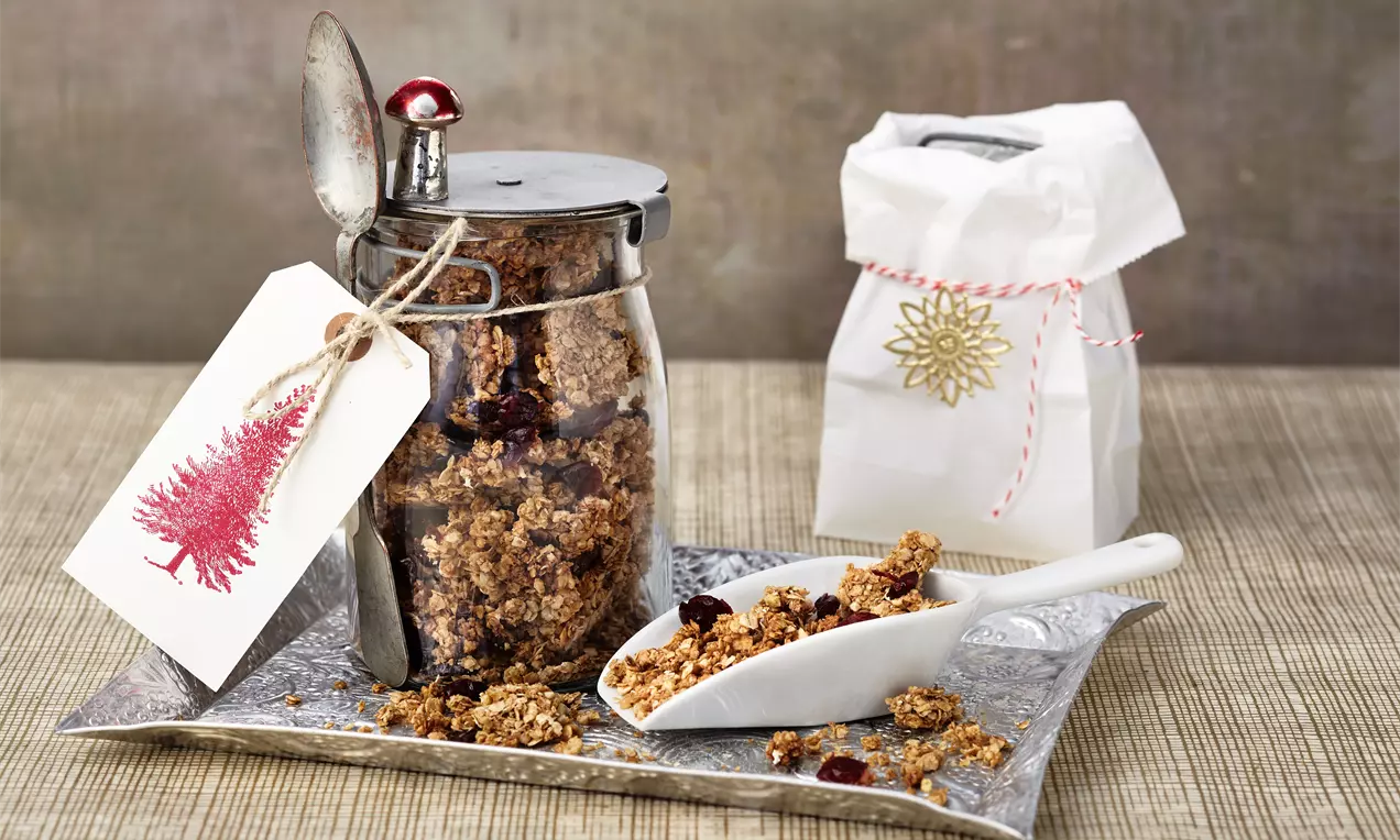 Weihnachtsmüsli mit knusprigen Haferflocken und Nüssen, goldbraun glasiert mit roten Cranberrys und Zimtstange in weißer Schale