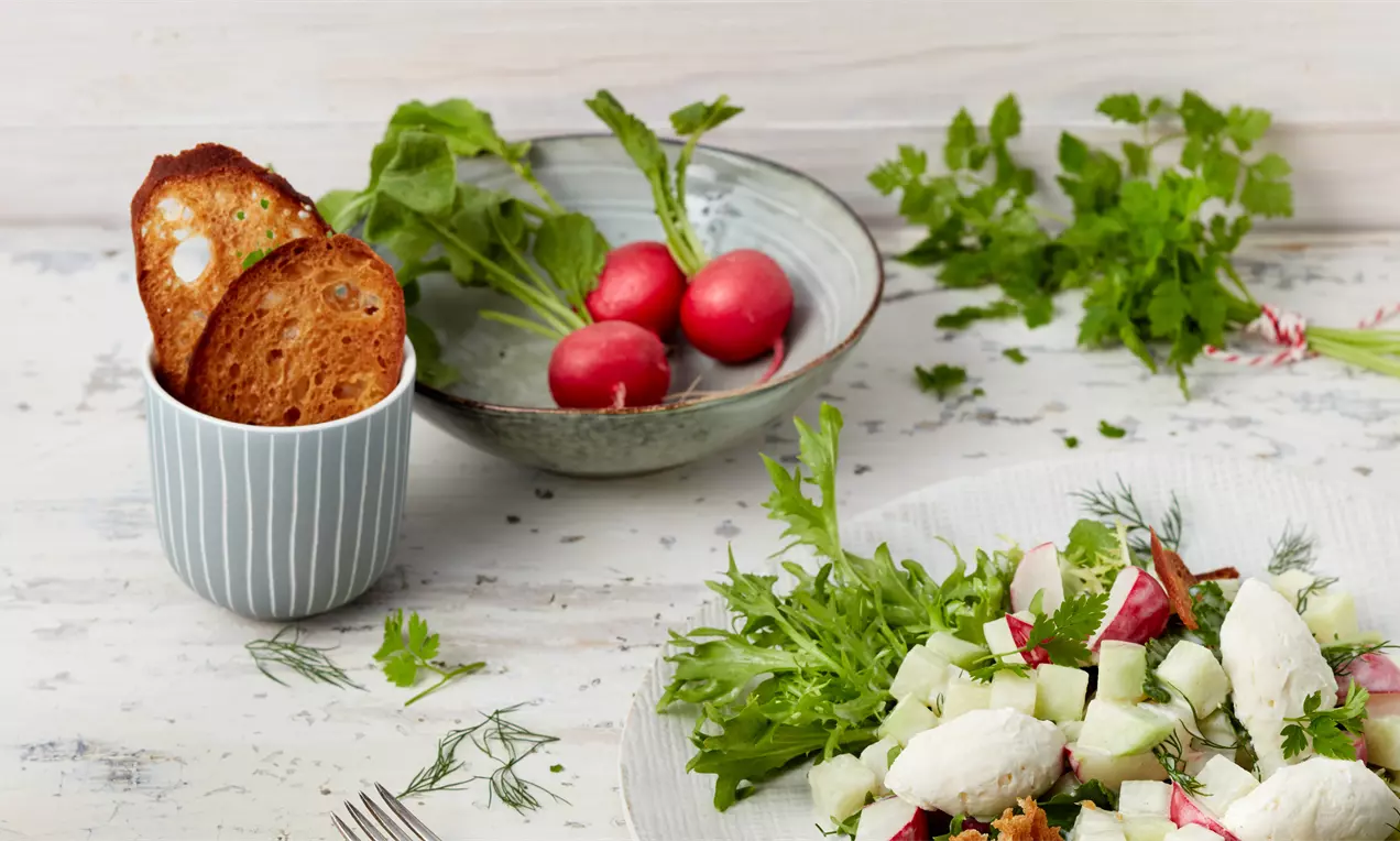 Lauwarmer Radieschen-Kohlrabi-Salat mit knackigem Grün und Ziegenfrischkäse-Nocken auf einem weißen Teller, daneben rustikale Brotscheiben
